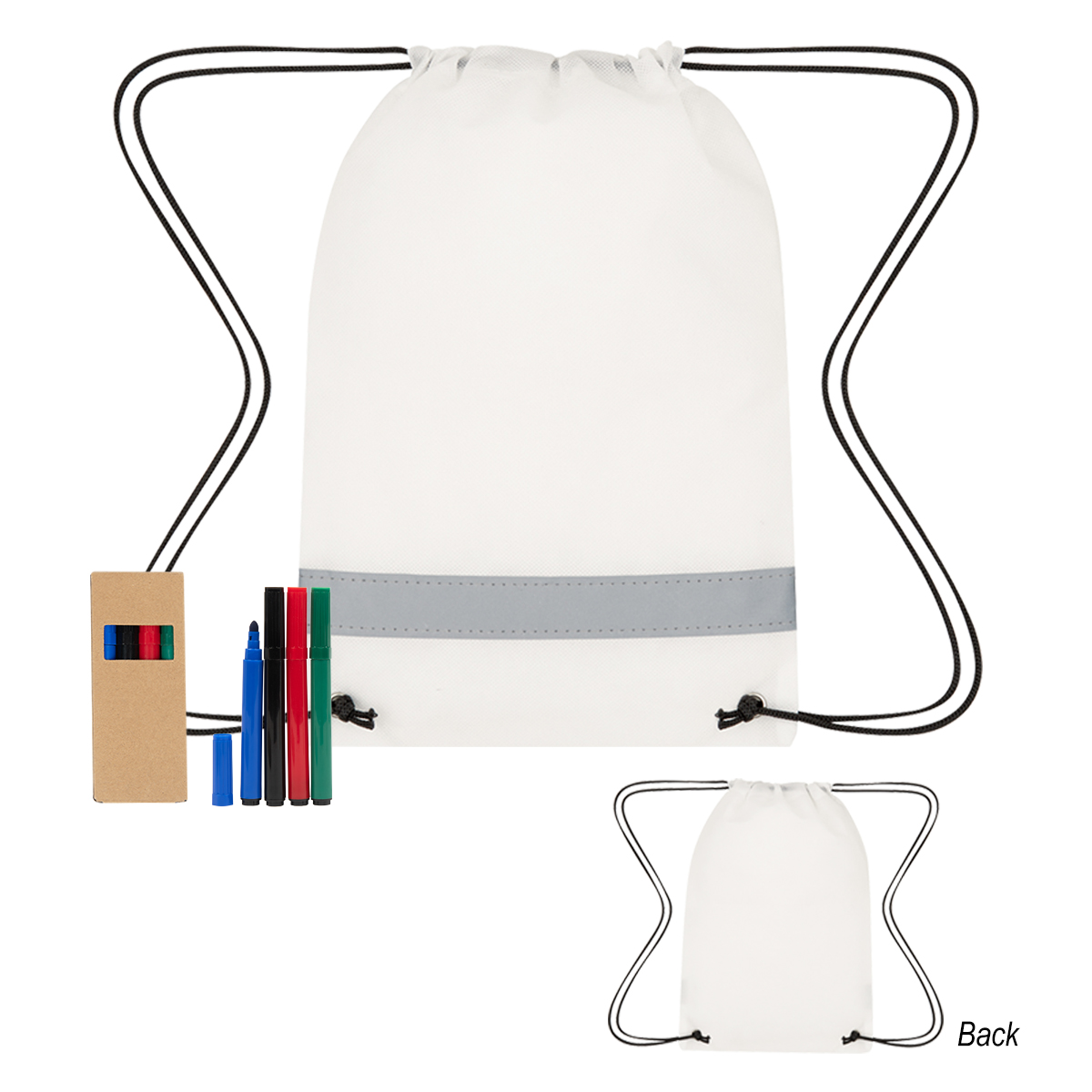 Lil Bit Reflective Non-Woven Coloring Drawstring Bag With 4 Piece Washable Marker Set