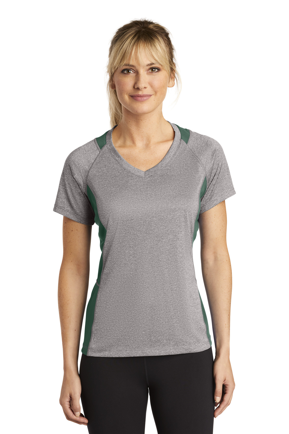 Sport-Tek Ladies Heather Colorblock Contender V-Neck Tee. LST361